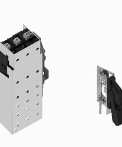 Tall gray electrical relay housing with perforated sides and top terminal blocks, shown with a separate black actuator module on the right