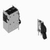 Electrical switch assembly with a metal housing featuring multiple holes and a separate lever-operated switch on a small panel.