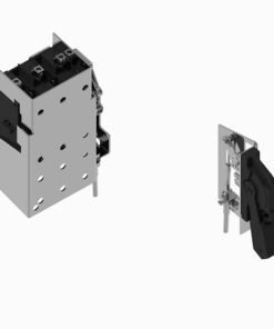 Electrical switch assembly with a metal housing featuring multiple holes and a separate lever-operated switch on a small panel.