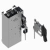 Exploded view of a gray metal electrical enclosure with internal mounting rails and a separate lever-actuator assembly.