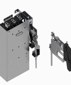 Exploded view of a gray metal electrical enclosure with internal mounting rails and a separate lever-actuator assembly.