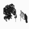 Exploded view of a modular electromechanical relay with a black housing, metal terminals, and a separate actuator lever.