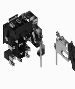 Exploded view of a modular electromechanical relay with a black housing, metal terminals, and a separate actuator lever.