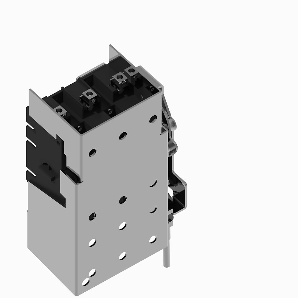 Industrial relay/contactor module with metal housing, top terminal blocks, and mounting holes (isometric view).