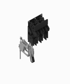 Isometric view of a three-pole black terminal block with a separate gray actuator/frame and mounting hardware, used for wiring connections in electrical panels.