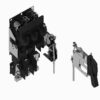 Exploded view of a modular electrical switch assembly with black housings, metal brackets, and an extending actuator.