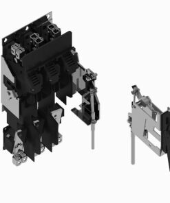 Exploded view of a modular electrical switch assembly with black housings, metal brackets, and an extending actuator.