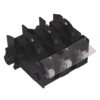 Three-gang electrical switch module with three black lever actuators and a clear plastic cover over metal terminal clamps on a black base
