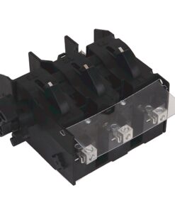 Three-gang electrical switch module with three black lever actuators and a clear plastic cover over metal terminal clamps on a black base