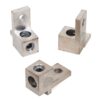 Three small silver metal L-shaped brackets with threaded holes for mounting screws, arranged in a group for hardware assembly.