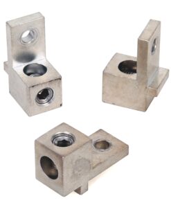 Three small silver metal L-shaped brackets with threaded holes for mounting screws, arranged in a group for hardware assembly.