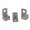 Set of small metal L-brackets with circular holes for screws, used to join right-angle corners