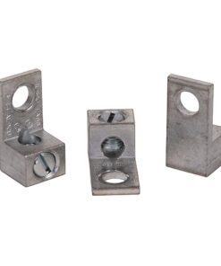 Set of small metal L-brackets with circular holes for screws, used to join right-angle corners