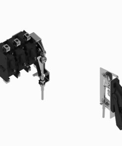 CAD rendering of a three-pole industrial switch module with a gray lever actuator, shown from side and front views