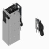 Industrial electrical disconnect: tall gray metal housing with perforated sides and an exposed internal switch, plus a separate black lever control on the right plate.