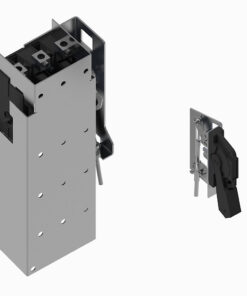 Industrial electrical disconnect: tall gray metal housing with perforated sides and an exposed internal switch, plus a separate black lever control on the right plate.