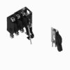 Isometric view of a modular electrical switch assembly with three contact blocks and an actuating lever button.