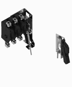 Isometric view of a modular electrical switch assembly with three contact blocks and an actuating lever button.