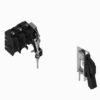 Industrial switch assembly with multiple black contact blocks and a long metal lever actuator on a mounting plate.