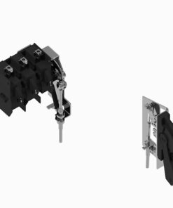 Industrial switch assembly with multiple black contact blocks and a long metal lever actuator on a mounting plate.