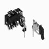 Exploded view of a modular electrical switch assembly with black housing, metal terminals, and a detached lever mechanism