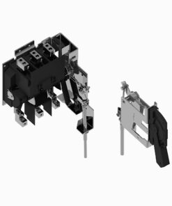 Exploded view of a modular electrical switch assembly with black housing, metal terminals, and a detached lever mechanism