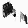 Exploded view of a multi-pole electrical switch showing chassis, contacts, and a lever actuator.