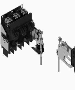 Exploded view of a multi-pole electrical switch showing chassis, contacts, and a lever actuator.