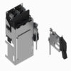 Isometric view of a large industrial electrical switch/contactor with mounting frame and a detachable handle assembly.