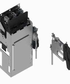 Isometric view of a large industrial electrical switch/contactor with mounting frame and a detachable handle assembly.