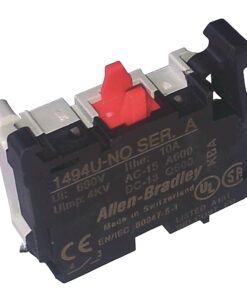 Industrial relay/contact block with red actuators, Allen-Bradley branding (model 1494U-NO-SER.A).