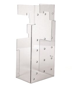 Silver metal interlocking bracket with multiple holes and slots, forming a tall rectangular support on a white background