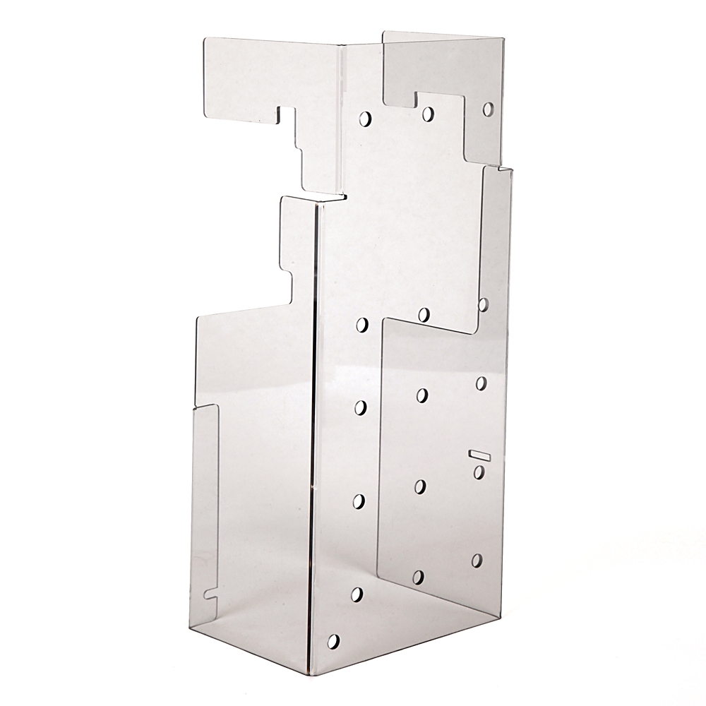 Silver metal interlocking bracket with multiple holes and slots, forming a tall rectangular support on a white background