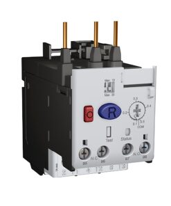 Industrial control relay/contactor with red 'stop' and blue 'R' button, status lights, and labeled terminals (95–98) for wiring.