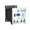 Industrial control relay module with red stop switch, blue pushbutton (R), indicator lights, and multiple terminal screws (95–98) for wiring; mounted on a black DIN rail bracket.