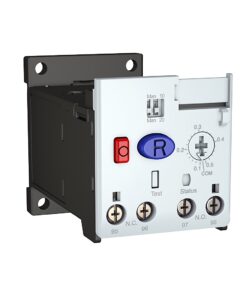 Industrial control relay module with red stop switch, blue pushbutton (R), indicator lights, and multiple terminal screws (95–98) for wiring; mounted on a black DIN rail bracket.