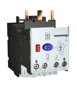 Electrical contactor/relay module with red stop button, blue reset button, dial indicator, and multiple numbered terminals (95–98) for high-current switching.