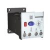 Front view of an industrial relay/timer module with screw terminals labeled 95–98 and a red reset button beside a blue 'R' knob; used to control circuits.