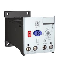 Front view of an industrial relay/timer module with screw terminals labeled 95–98 and a red reset button beside a blue 'R' knob; used to control circuits.