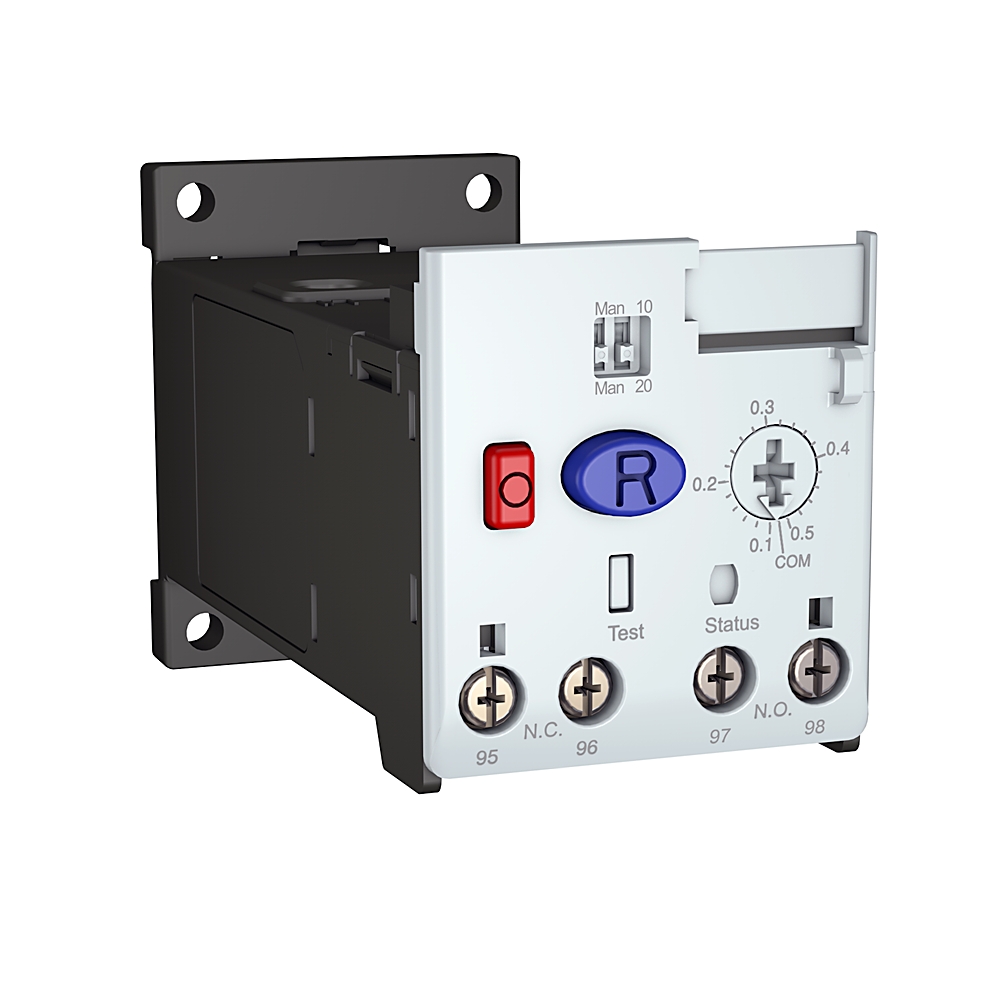 Front view of an industrial relay/timer module with screw terminals labeled 95–98 and a red reset button beside a blue 'R' knob; used to control circuits.