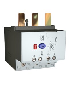 Three-pole motor starter/contactor with copper top terminals, red indicator light, blue reset button, and T1–T3 terminal block.
