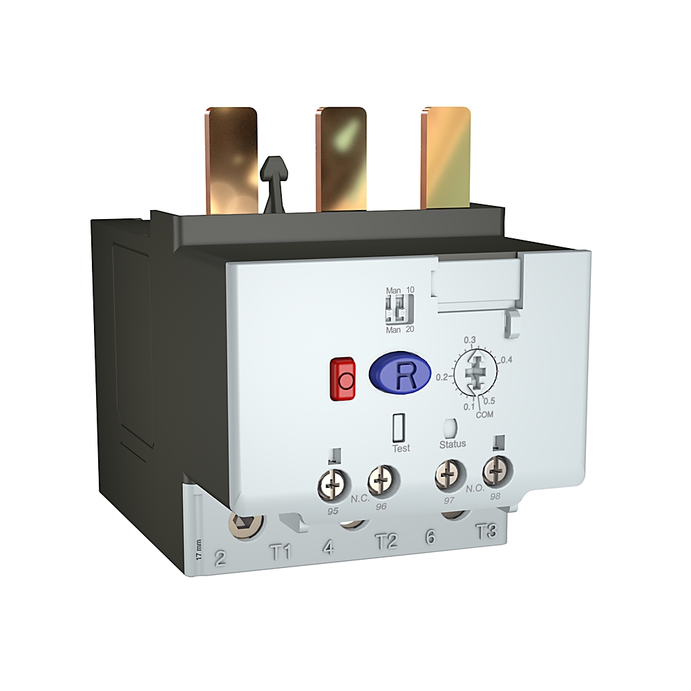 Three-pole motor starter/contactor with copper top terminals, red indicator light, blue reset button, and T1–T3 terminal block.