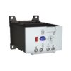 Industrial control module with front-facing controls: red push button, blue circular dial, Test and Status indicators, and terminals labeled 95–98 (N.C./N.O.).