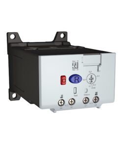 Industrial control module with front-facing controls: red push button, blue circular dial, Test and Status indicators, and terminals labeled 95–98 (N.C./N.O.).