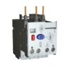 Three‑pole motor contactor with red stop button and blue reset button, front view showing control dials and terminal block