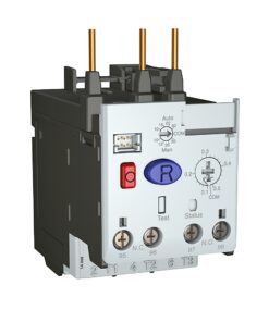 Three‑pole motor contactor with red stop button and blue reset button, front view showing control dials and terminal block