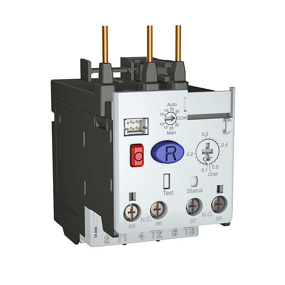 Three‑pole motor contactor with red stop button and blue reset button, front view showing control dials and terminal block