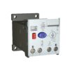 Front view of an industrial control module featuring a red power switch, blue 'R' button, status/test indicators, and terminal screws labeled 95–98 (electrical control device).
