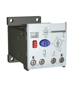 Front view of an industrial control module featuring a red power switch, blue 'R' button, status/test indicators, and terminal screws labeled 95–98 (electrical control device).