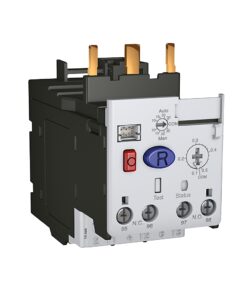 Industrial control relay/contactor with blue circular reset button, red stop button, test/status indicators, and terminal screws on a white front panel with copper top terminals.